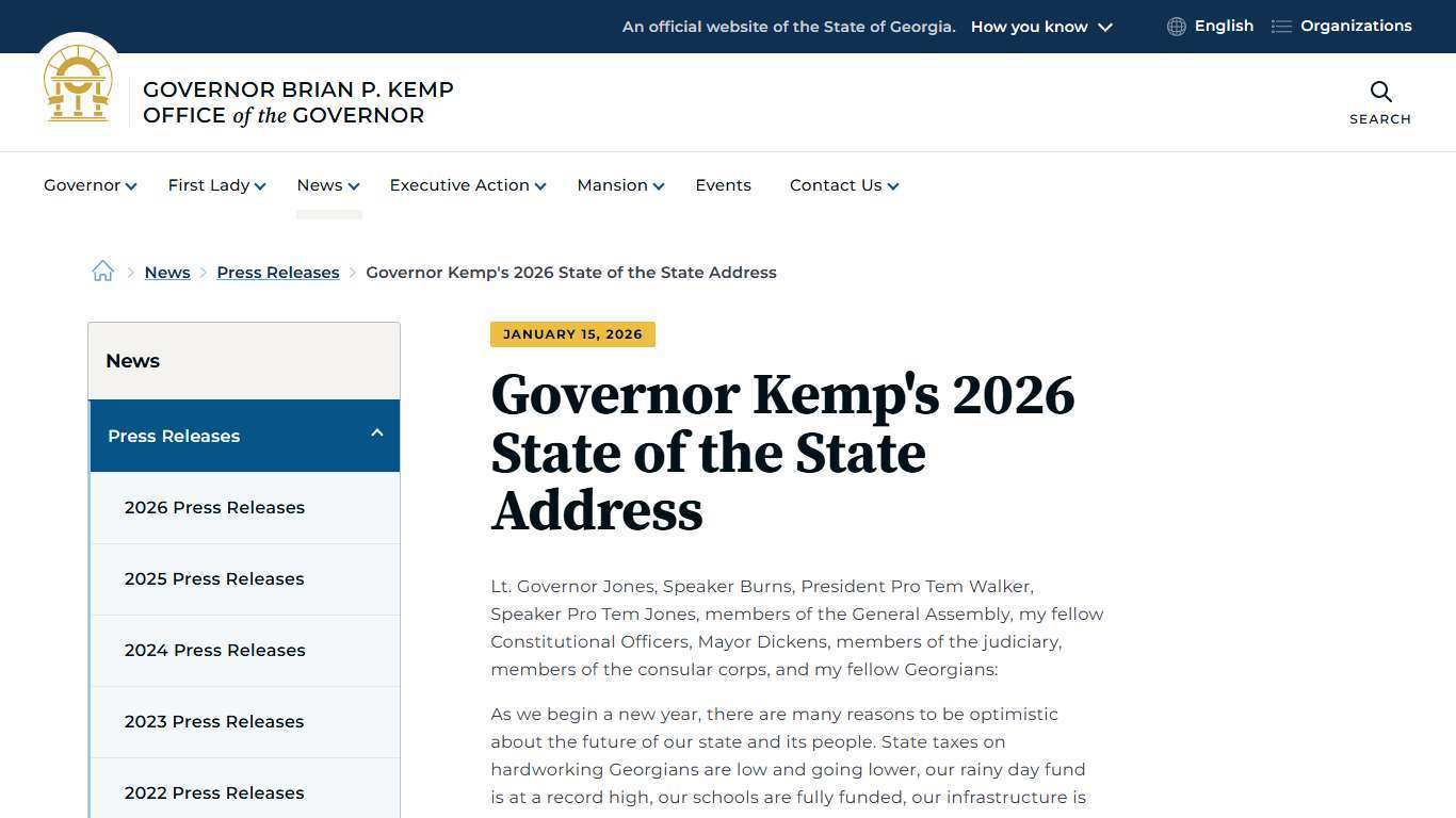 Governor Kemp's 2026 State of the State Address | Governor Brian P. Kemp Office of the Governor