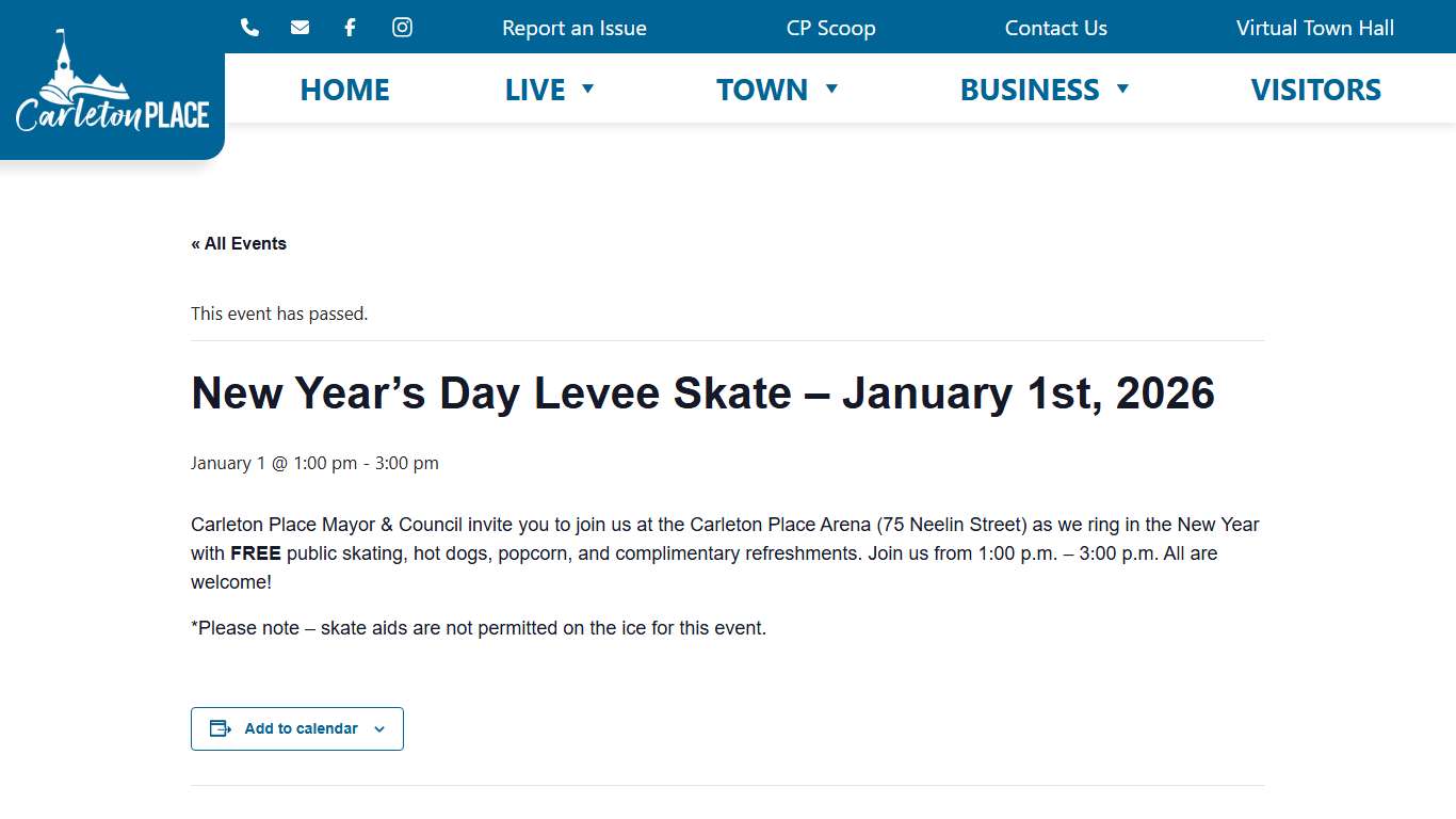 New Year's Day Levee Skate - January 1st, 2026  - Town of Carleton Place